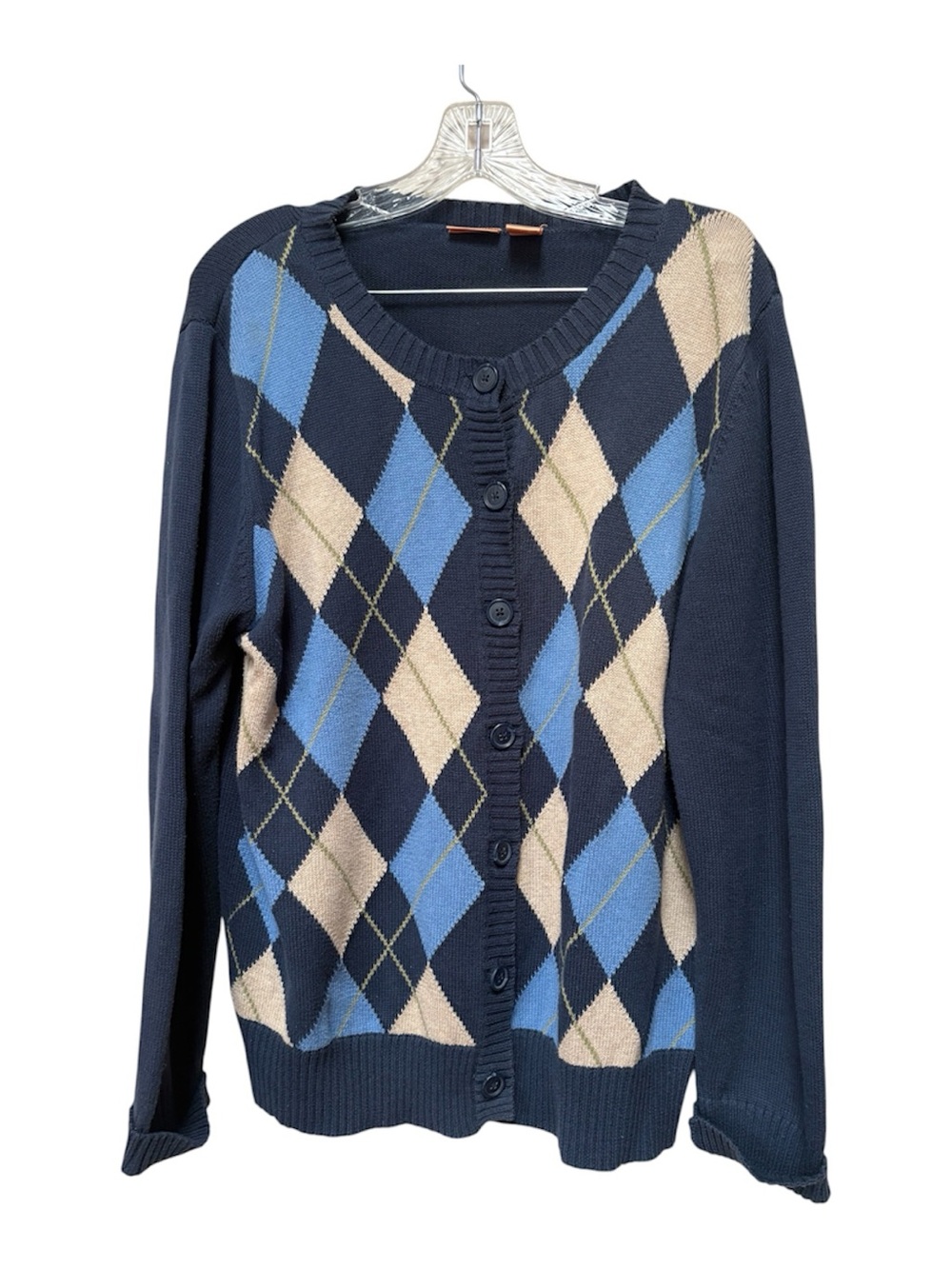 Northcrest Navy Argyle Button Cardigan with Blue & Cream Diamonds